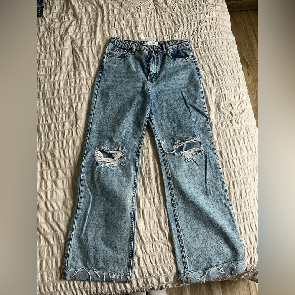 Blue Straight Leg Distressed Jeans